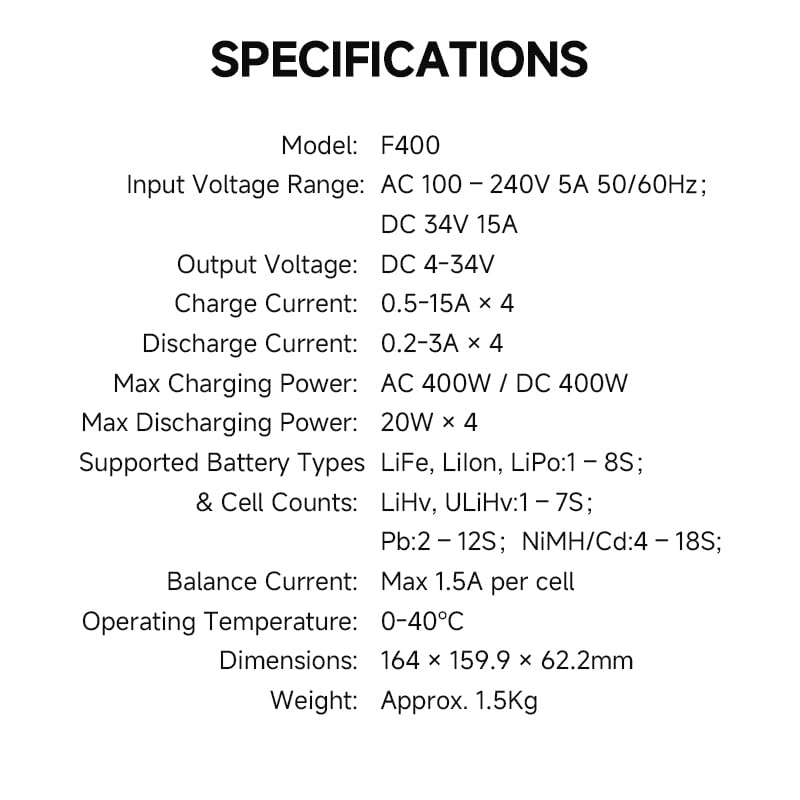 ISDT F400 - Caricatore Smart Balance a 4 canali con display pieghevole, AC/DC 400 W 15 A RC per batterie agli ioni di litio 1-8S LiPo LiHV Life