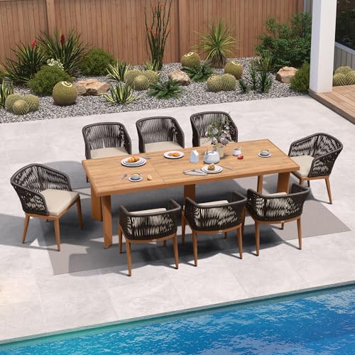 Image of PURPLE LEAF Patio Dining Set for 8 with Sunbrella Cushion Chairs Deep Teak
