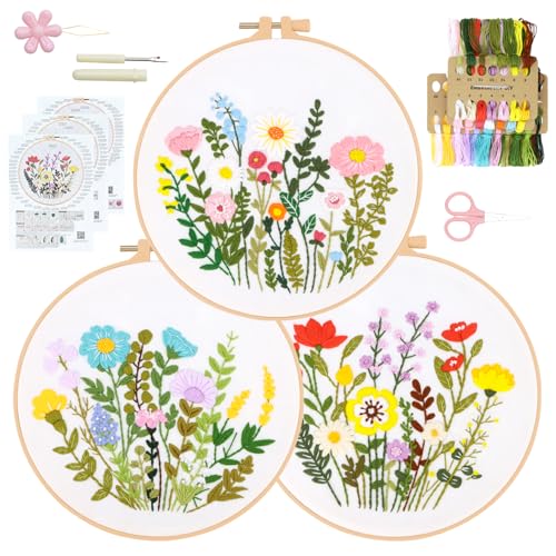 Image of RidaaFri Embroidery Kit for Beginners, Set of 3 Flower Pattern DIY Practice Kits for Adults, Hand Embroidery Set with Step-by-Step Guide & Video Tutorial, Includes Hoop, Needles, Floss