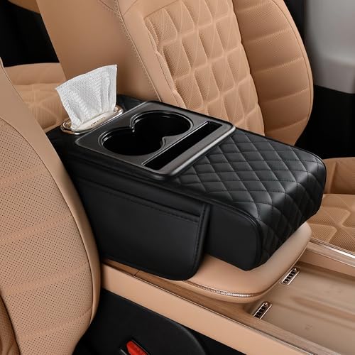FREESOO Car Center Console Cover, Leather Armrest Cover for Car, Universal Middle Console Cushion with Storage Box, Cup Holder, Tissue Box & Phone Slot, Luxury Waterproof Interior Accessories, Black