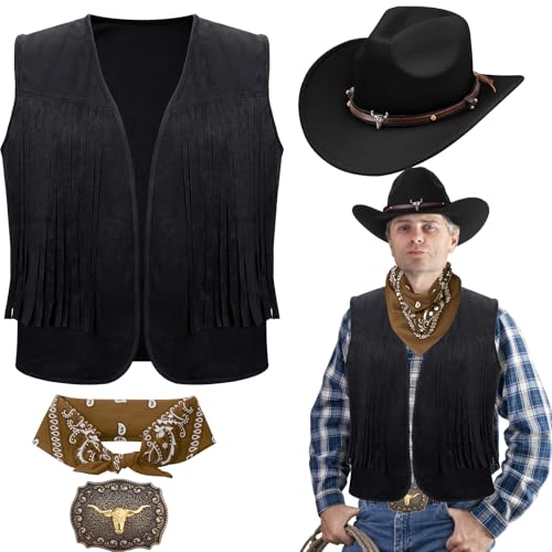 LYCN 4 Stück Cowboy Kostüm Herren, Western Fancy Dress Zubehör Karneval Cowboy Hippie Kostüm mit Fransenweste Hut Western Boloschnalle Gürtel Paisley Bandana für Karneval Fancing Cosplay
