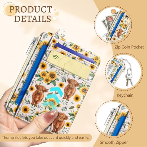 Image of Kelvoris Highland Cow Credit Card Holder Small Wallet Women, Cute Slim RFID | Keychain, Zipper Coin Pocket, Front Pocket Thin Travel Card Case, Minimalist, 6 Card Slots, 1 ID Window, Ladies Gifts Woman