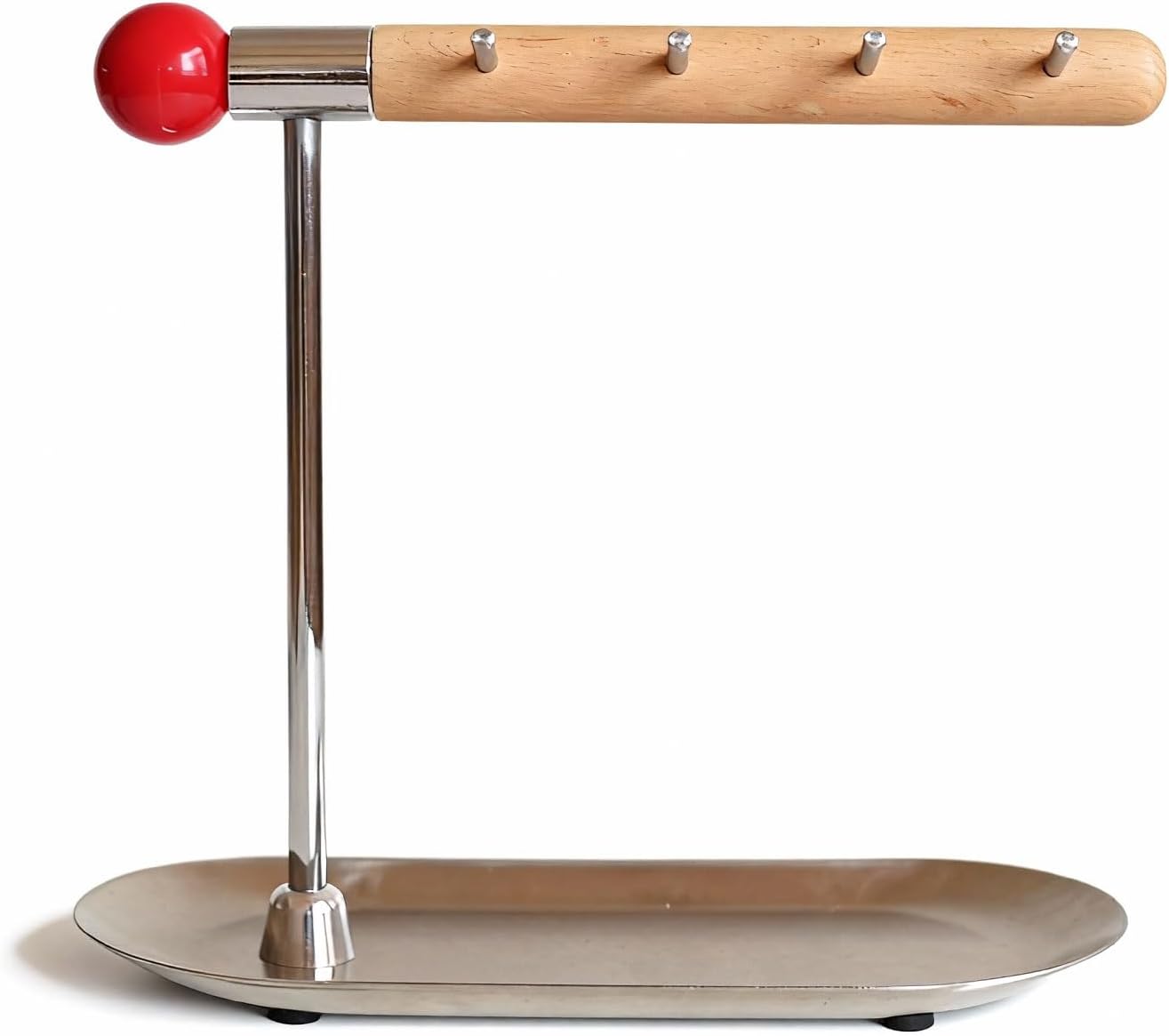 Bauhaus-Inspired Key Bowl & Jewelry Stand — Beechwood Necklace Holder with Brass Bar, Geometric Metal Catchall Tray for Keys & EDC, Entryway Table Key Bowl（Red ball）