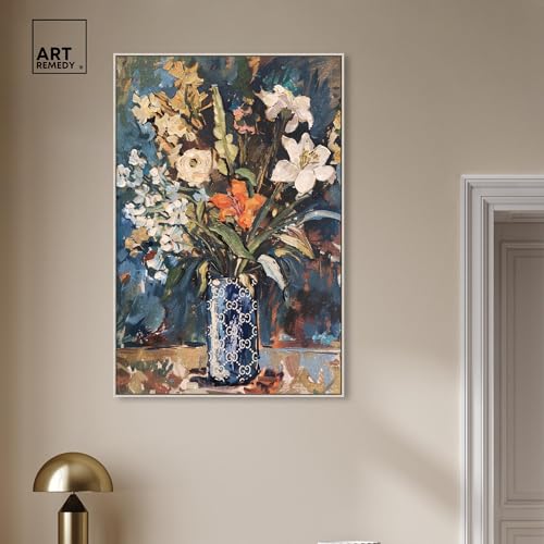 Image of Art Remedy Blue Floral Vase Canvas Floral Vase Wall Art, Silver Frame, 30 inch x 45 inch