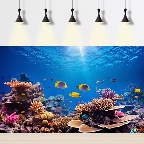 Image of Underwater Coral Reef Haven Aquarium Background Under The Sea Colorful Tropical Fish Terrarium Background Deep Ocean Gorgeous Coral Reefs Marine Life Fish Tank Backdrop Wallpaper Poster 72x18in