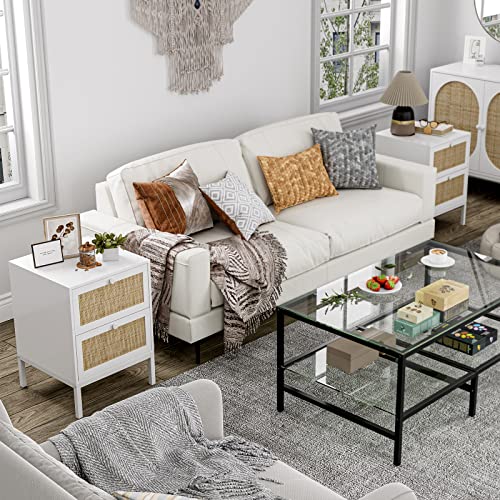 Ikifly Rattan Nightstand Set Of 2, Farmhouse Boho End Side Table With 2 Handmade Rattan Drawers, Wood Accent Bedside Table With Storage For Bedroom, Living Room - White #TOP7