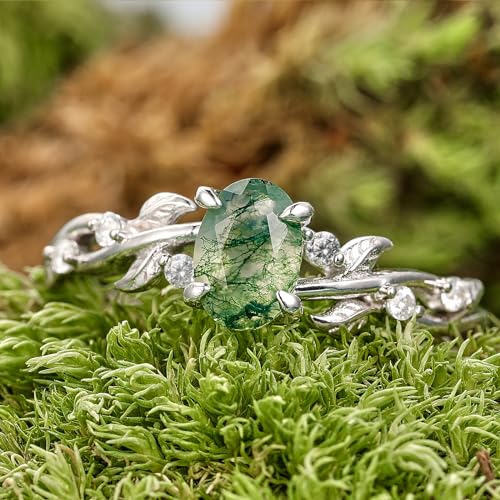 Engagement Rings for Women 925 Sterling Silver Oval Cut Moss Agate/Black Rutilated Quartz/Emerald Gemstone Wedding Rings Promise Ring Size 5-93
