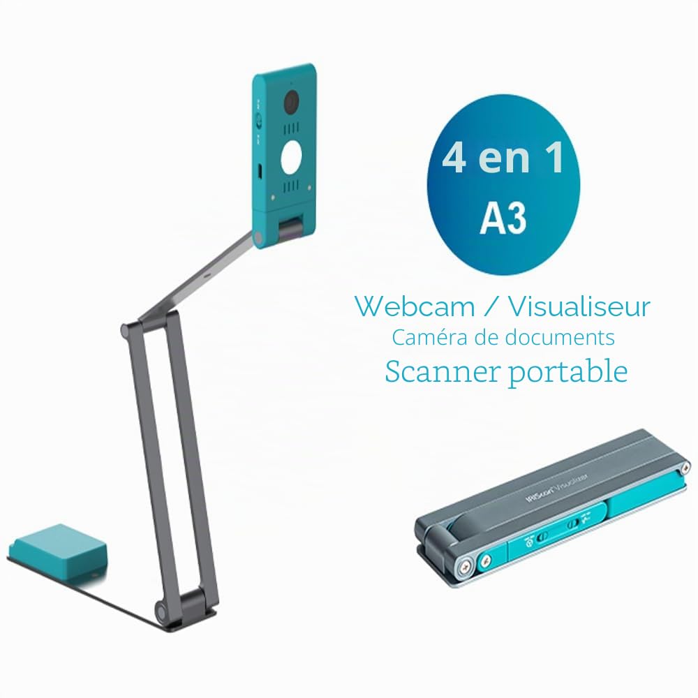 IRIScan Visualizer 7 Dyslexic webcam document camera: 4K UltraHD|13MP |4 en1| visualiseur | scanner A3|scanner portable|vidéo conférence|AI Micro|auto focus|LED| USB | Free Readiris DYS OCR TTS WinMac