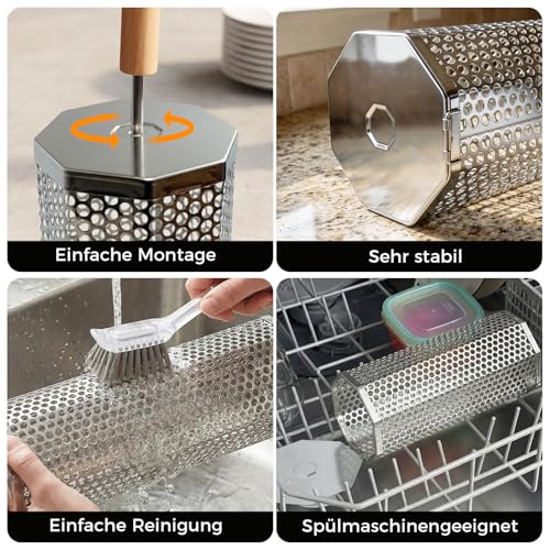 Autreykorn Rollender Grillkorb mit abnehmbarem Holzgriff – 304 Edelstahl – ideal für Gasgrills, Garten & Camping – tolles Geburtstagsgeschenk für Männer – Outdoor-Grillzubehör für Gemüse