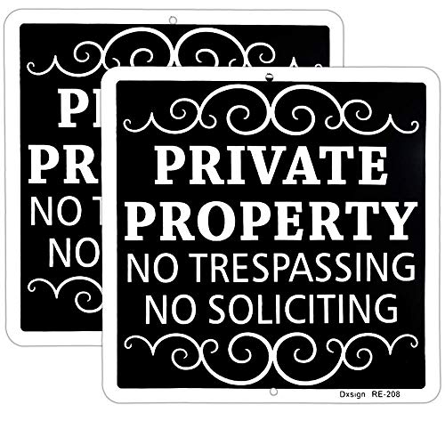 2-Pack Private Property No Trespassing No Soliciting Aluminum Signs - 9x9 Inch UV Printed - Elegant Design for Home & Business S