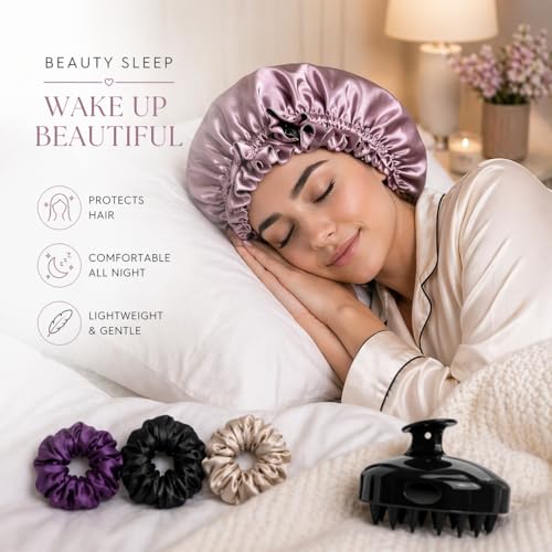 Image of Atrube Silk Satin Hair Bonnet Reversible Adjustable tie Band Reusable showercap Satin bonnet Wrap Silk Bonnet Hair with Hair Scalp Massager Shampoo Brush and scrunchies (Rose Taupe)