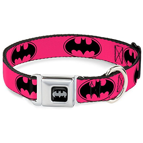 Buckle-Down Seatbelt Buckle Dog Collar - Bat Signal-3 Fuchsia Black Fuchsia - 1.5  Wide - Fits 18-32  Neck - Large