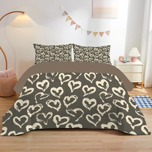 Edredón de 220 x 240 cm, estampado abstracto, edredón estampado, diseño de corazón suave y transpirable, edredón para 2 personas, microfibra, edredón sin funda lavable de 4 estaciones, con 2 fundas de