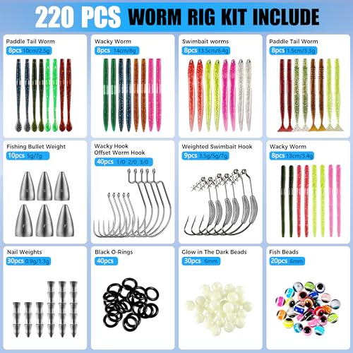 PLUSINNO Fishing Lures, 220PCS Bass Fishing Kit with Wacky Worm, Soft Plastic Baits, Fishing Hooks, Weights & Accessories, Wacky Rig Kit Fishing Gear Gifts for Men with Tackle Box
