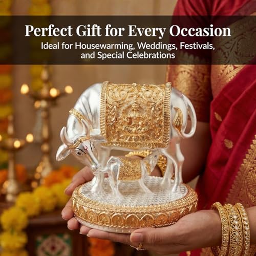 Image of 24K Gold and 999 Pure Silver Plated Kamdhenu Cow Idol - 6 Inch Auspicious Vastu Home Decor for Pooja Room and Mandir - Sacred Two-Tone Symbol of Prosperity and Success