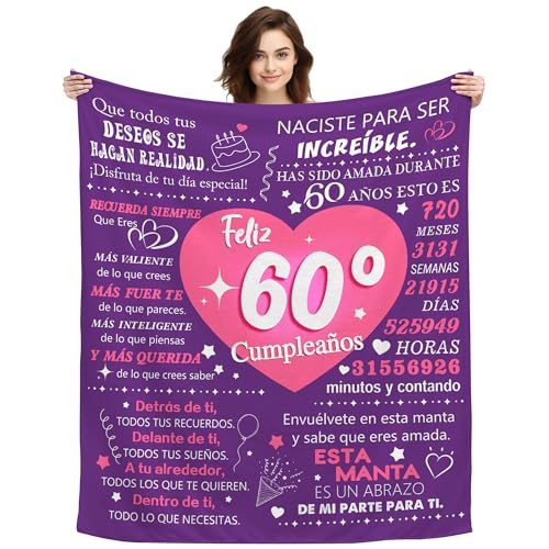 ACAROMAY Originales 60º Cumpleaños Manta Personalizada Regalos de Cumpleaños para 60 Años Mujer Abuela Madre Tia Amiga Hogar Decoración Franela Mantas Plaid 150X130CM (60th)