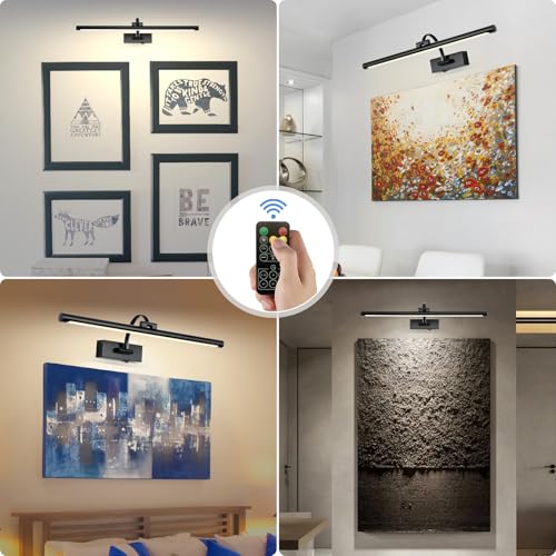 Image of Tassuowell Picture Light Battery Operated with Remote, 3CCT Dimmable Picture Light for Paintings, Black Rechargeable 24 inch Battery Operated Wall Sconce for Art Lighting Gallery Portrait Artwork