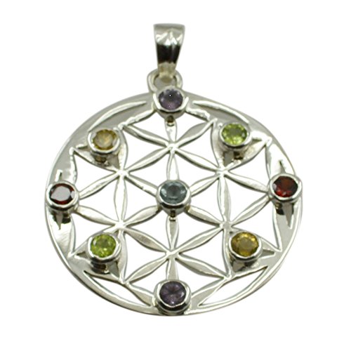 Pendentif Rond Argent et Multi Gemstone Médaillon Fait Main - 2