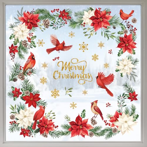 wondever Christmas Flower Cardinal Birds Window Clings Christmas Leaves and Floral Glass Sticker Decal Anti Collision Double-Side Static Window Decals for Glass Window Christmas Party