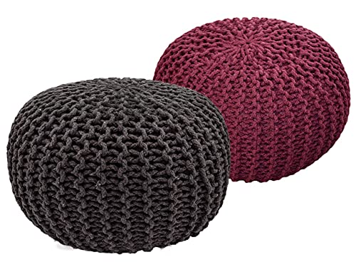 Pouf Set 2 Stück Strickhocker Bodenkissen Grobstrick-Optik Ø 55 cm H 37 cm grau & bordeux Sitzhocker Cover