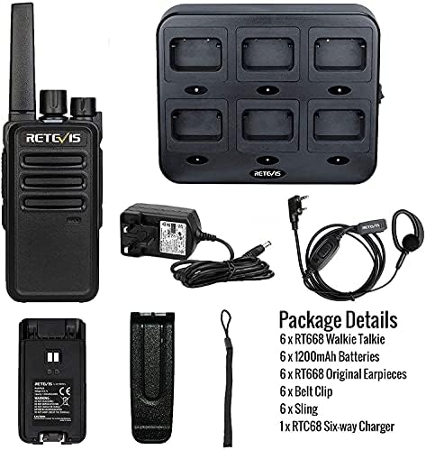 Retevis RT668 Walkie Talkie, PMR446 Professional 2 Way Radio with6 Way Charger, VOX, Heavy Duty, Rechargeable Walkie Talkies with Earpirces for School, Restaurant, Security (Black, 6Pcs)