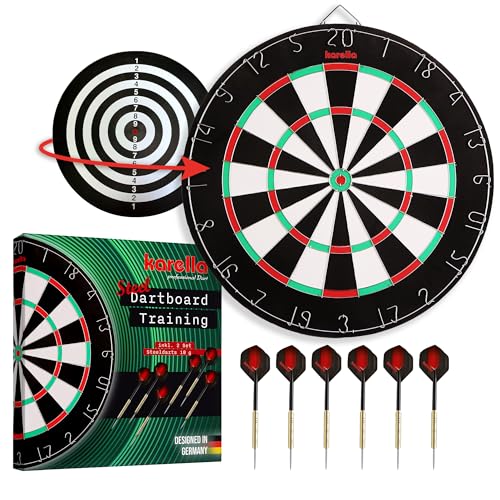 Karella Dartboard Training, mit Original Zahlenring, Turniergröße und Optik, preiswerte Freizeit Dartscheibe für Steeldarts, aus gepressten Holzfasern, 45 cm, beidseitig Bedruckt, inkl. 2 Satz Darts