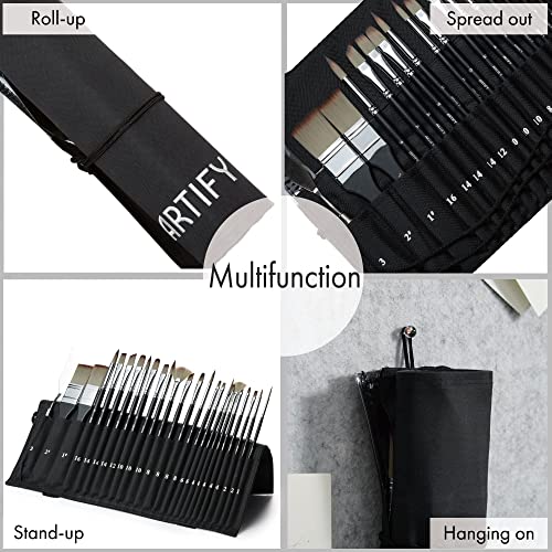 ARTIFY 24 Pieces Paint Brush Set, Expert Series, Enhanced Synthetic Brush Set with Cloth Roll and Palette Knife for Acrylic, Oil, Watercolor and Gouache (Black)