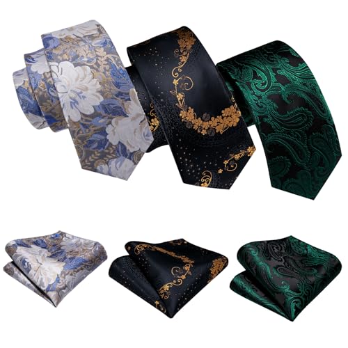 Image of Barry.Wang 6 PCS Men Ties Set Silk Business Fashion Woven Necktie Handkerchief Cufflinks Paisley Stripe Wedding Party