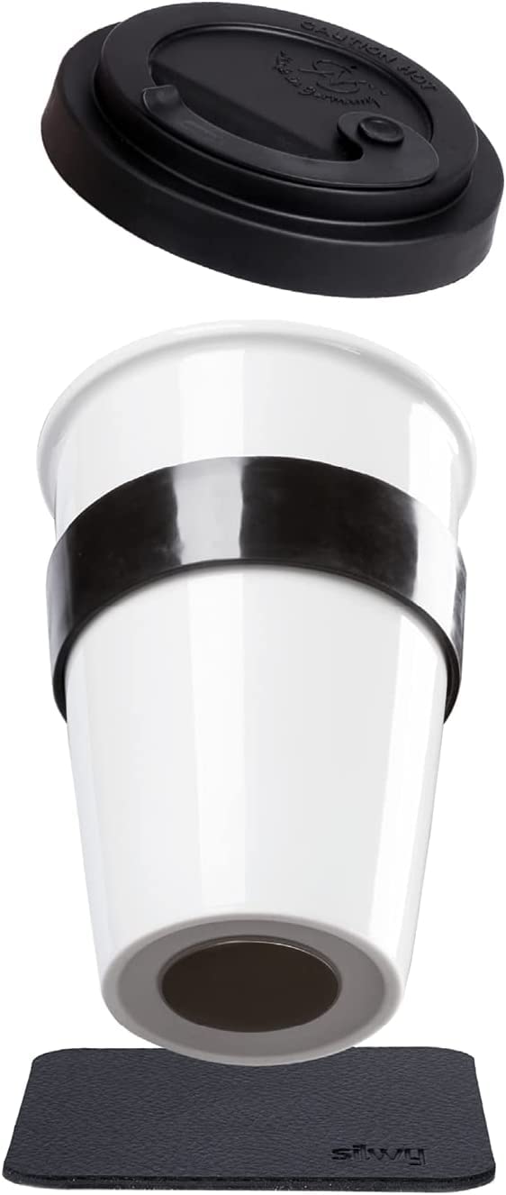 Silwy® Porcelain to-GO-Cup Including Black Heat Protection Banderole, Metallic Nano Gel Coaster, Black, Non-Slip Magnetic Cup for Camping, Caravanning or Boating