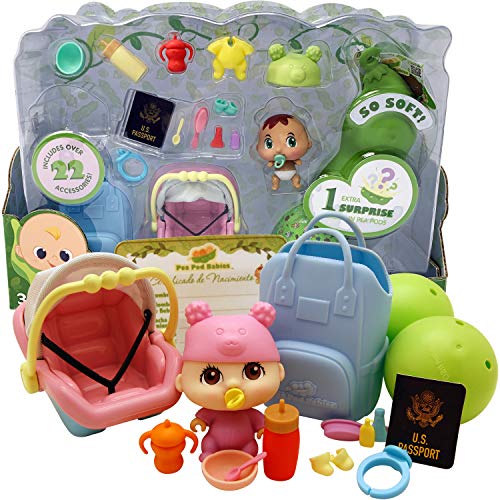 Pea Pod Babies Twenty Two Piece Little Traveler Playset - Collectible Mystery Surprise Toy with Mini Baby, Clothing, & Accessories - All in A Soft Pea Pod - Small Doll, Ages 3+