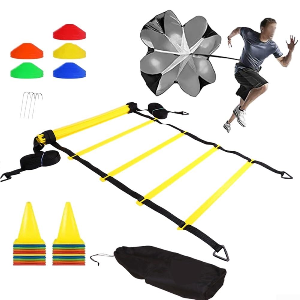 Set di scaletta per allenamento agilità, con coni da paracadute e picchetti per calcio, calcio, basket, sport all'aria aperta, fitness, colore giallo (B)