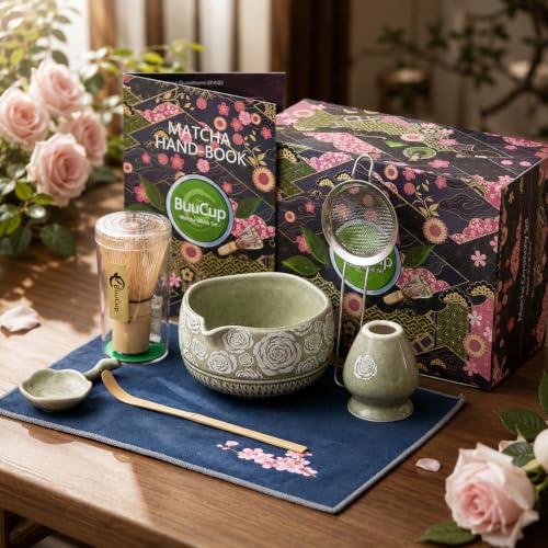 Image of Matcha Whisk Set, 7-Pc Ceramic Matcha Bowl Kit, Bamboo Whisk,(Rose Green)