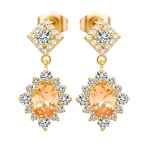 Pendientes de oro amarillo 18k con rombo floral y moissanita ovalada para mujer