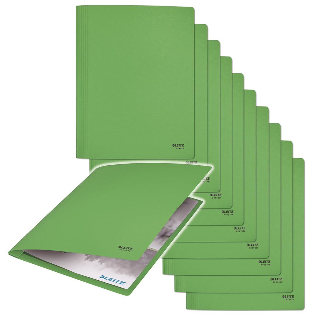 Leitz Recycle 39040055 A4 File Folder, Pack of 10, Holds 250 Sheets, Sturdy Metal Hangers for Storing Documents, 100% Recycled Cardboard, Environmentally Friendly, Recycle Series, Green
