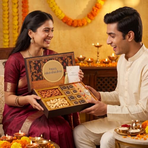 Image of Bay Nut Premium Rakhshabandhan /Rakhi Gift Hmaper for brother and sister |Combo Pack Of Almonds,Cashews 150gm, homemade choclates 100gm, 2 rakhi, rolichawal, card Festive Celebration (h-12)