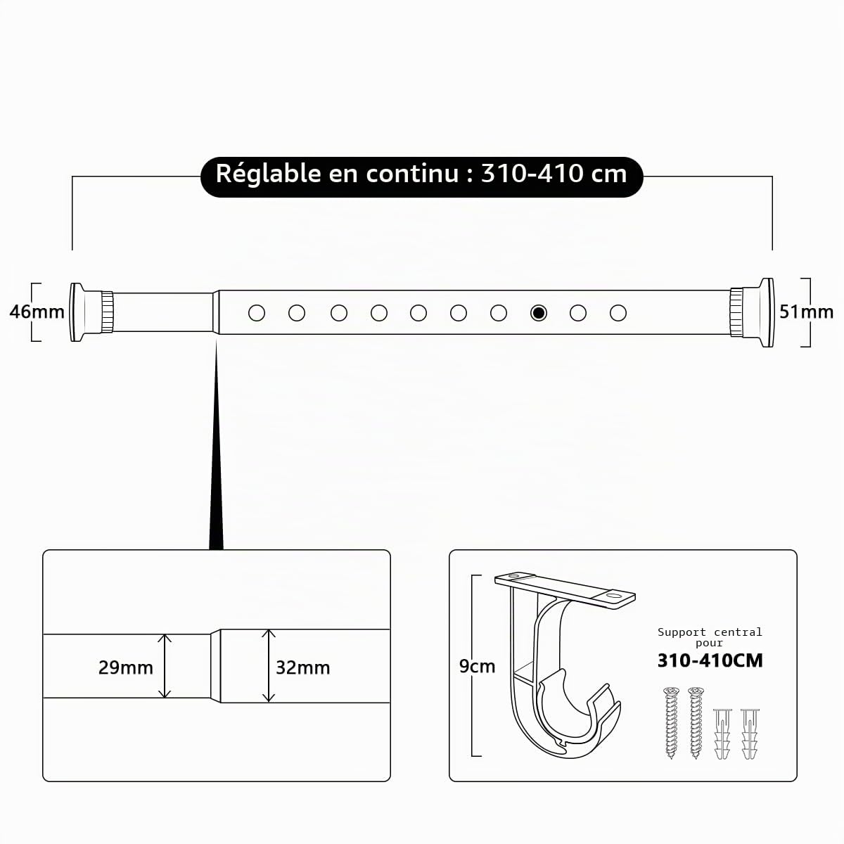 Tringle télescopique, 310-410 cm, noire, tringle à serrer pour rideaux et séparateur de pièce, tringle à rideaux extensible, tringle à tension