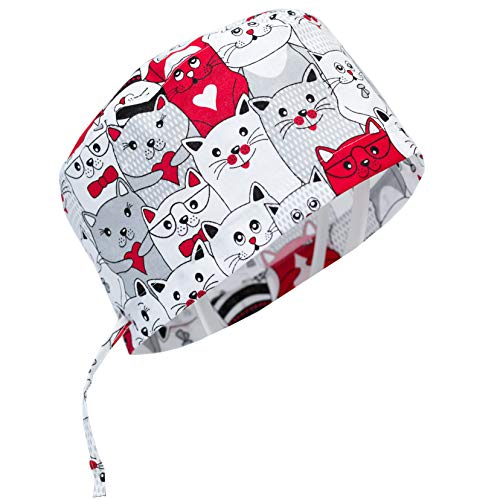 Scrub Cap Hat Unisex Animal Print Uniform Cat (Red)