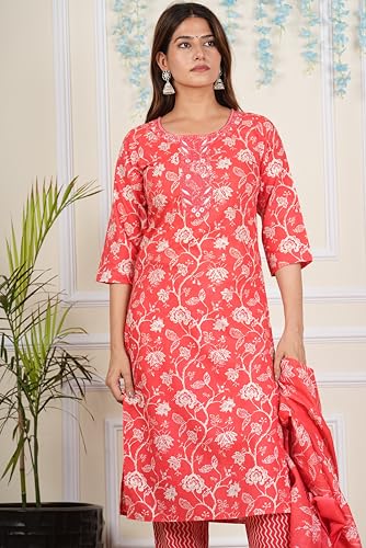Image of Yash Gallery Women's Cotton Cambric Knee Length Round Neck Floral Printed Embroidered & Checkered Printed Regular Fitted 3 /4Th Sleeve Kurta Pant With Dupatta