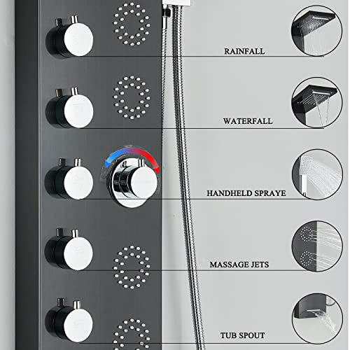 Panel de ducha de torre con sistema mezclador, chorro lluvia y masaje, fabricado en acero inoxidable y latón miniatura 3