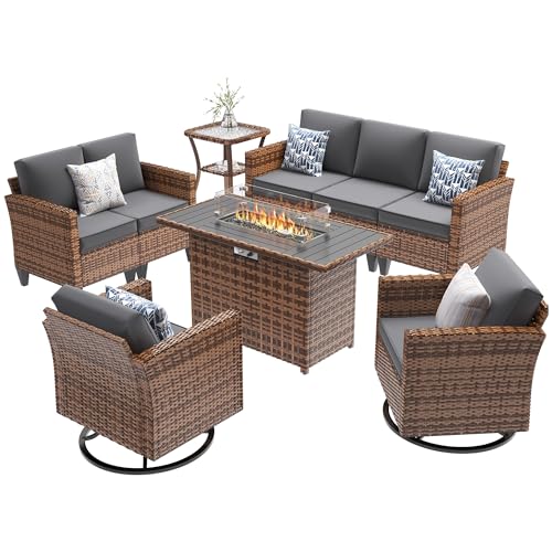 Image of UDPATIO Patio Furniture Set with Fire Pit Table, Rocking Swivel Chairs, 6 Pieces Outdoor Conversation Sets, All-Weather Wicker Outdoor Sectional Sofa with Waterproof Cover, 4'' Thickened Cushion, Grey