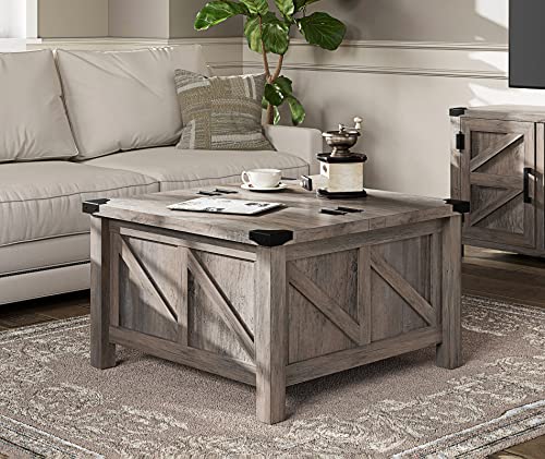 WAMPAT Grey Wash Coffee Table, Farmhouse Square Wood Center Table with Gas Struts Flip-Top for Extra...