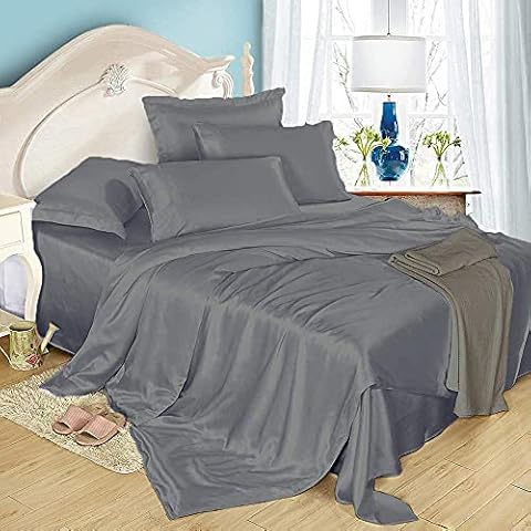 Crown Collection True Luxury 1000-Thread-Count 100% Satin Silk Sheet Bed Sheets, 4pcs Queen Grey Sheet Set, Single Ply Long-Staple Yarns, Sateen Weave, Fits Mattress Upto 16'' Deep Pocket Cover
