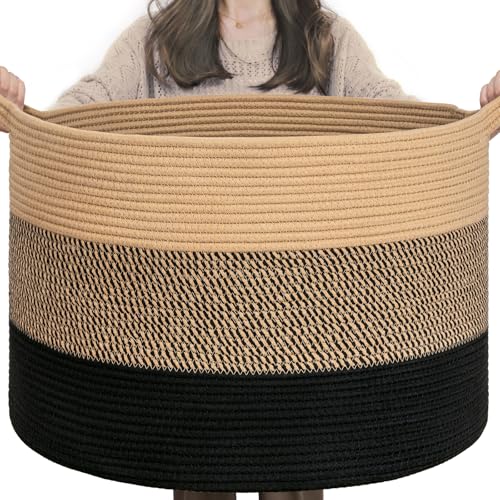 Image of INDRESSME XXXLarge Cotton Rope Basket 21.7 inch x 21.7 inch x 13.8 inch Woven Baby laundry Blanket Basket for Living Room Decor, Toy Storage Baskets for Kids Boys Girls, Camel Mix & Black