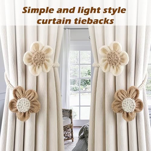 Image of Catchy Rope White & (Set of Brown Holders Holdback 2) Curtains Tieback Drapery Jute Tiebacks. Natural Decorative Window Neutral Combo Curtains Floral Curtain Beautiful (8, Jute)