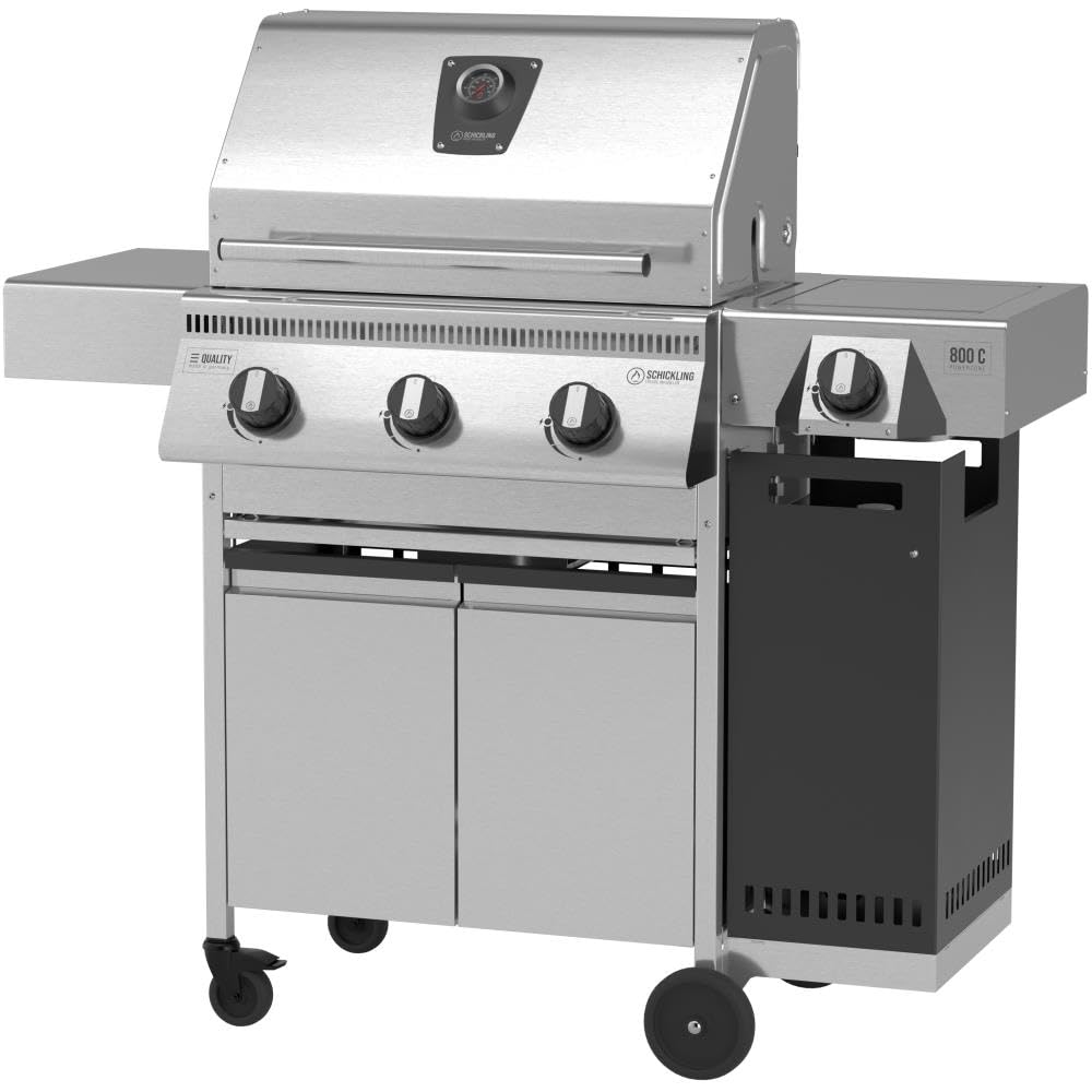 Schickling Gasgrill "Henry L - Deluxe" Edelstahlgrill Grillwagen mit Unterschrank, Doppelwandigem Deckel, 3 Brenner, 800 Grad Seitenbrenner & 3-teiligem Grillrost - Made in Germany
