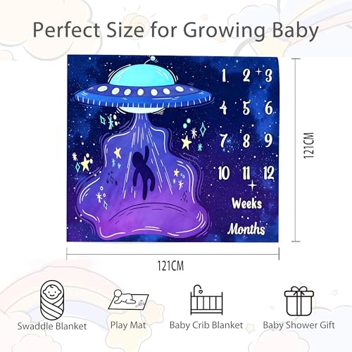 Image of UFO Baby Monthly Milestone Blanket, 48x48in Soft Flannel, Alien Round Spaceship, Newborn Mom Gifts, Baby Shower Age Growth Tracker with Bonus Maker (Purple Blue, 48x48in)
