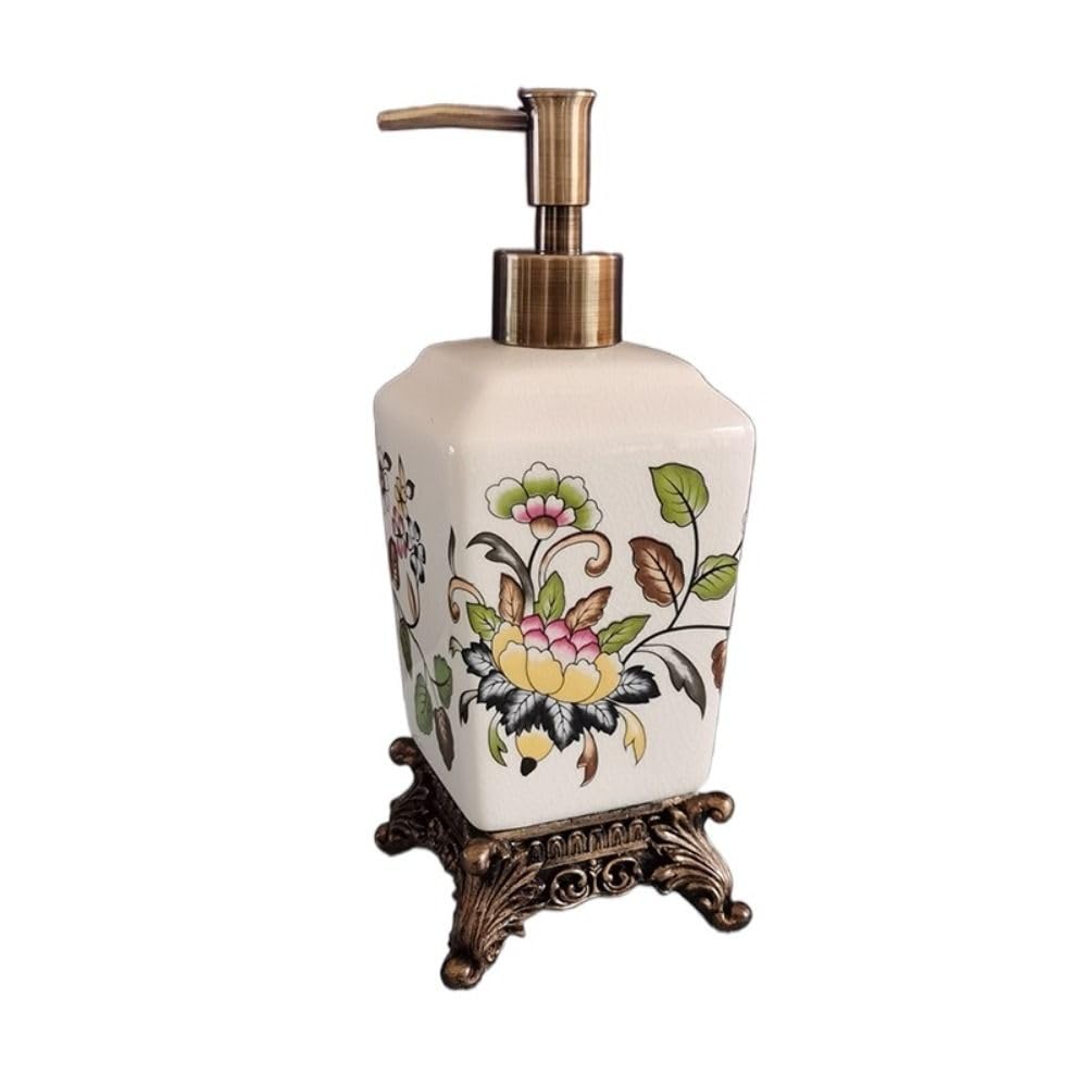 Dispenser di sapone in ceramica, con motivo floreale, bottiglia in ceramica a pompa, per bagno o cucina (D)