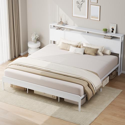 Image of LIKIMIO King Bed Frame with Headboard, Wood Camas King with Strong Supports, Sturdy, Noise-Free, No Box Spring Needed, White