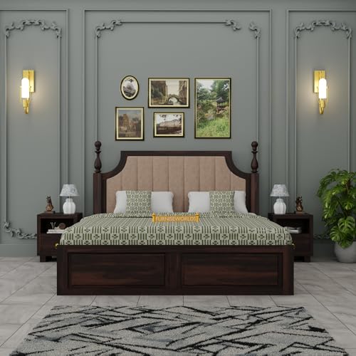 Image of Solid Sheesham Wood King Size Bed with Box Storage, Wooden Bed for Bedroom Cot Bed Furniture for Bedroom Home and Hotel (Classic Bed Walnut)