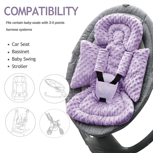 Image of Infant Car Seat Insert Boy Girl, 3 in 1 Newborn Carseat Insert with Strap Pads, Car Seat Head Support for Baby Strollers, Swings, and Bouncers, Comfortable and Machine Washable, Purple
